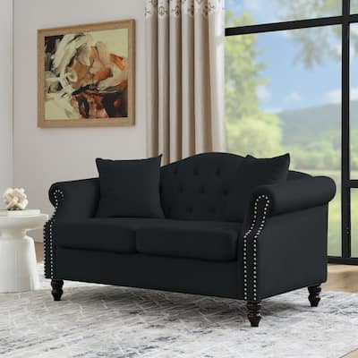 Chesterfield Velvet 2-Seater Sofa Tufted Couch with Rolled Arms and Nailhead & Pillows for Living Room, Bedroom, Apartment