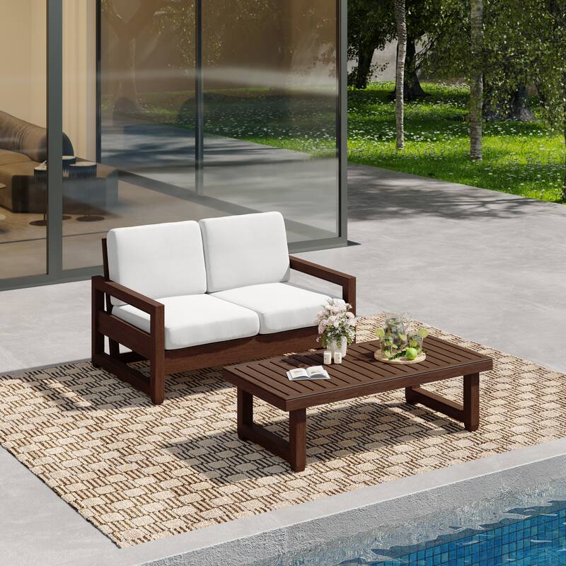 Outdoor Patio Loveseat Table Set Teak Wood with Cushion