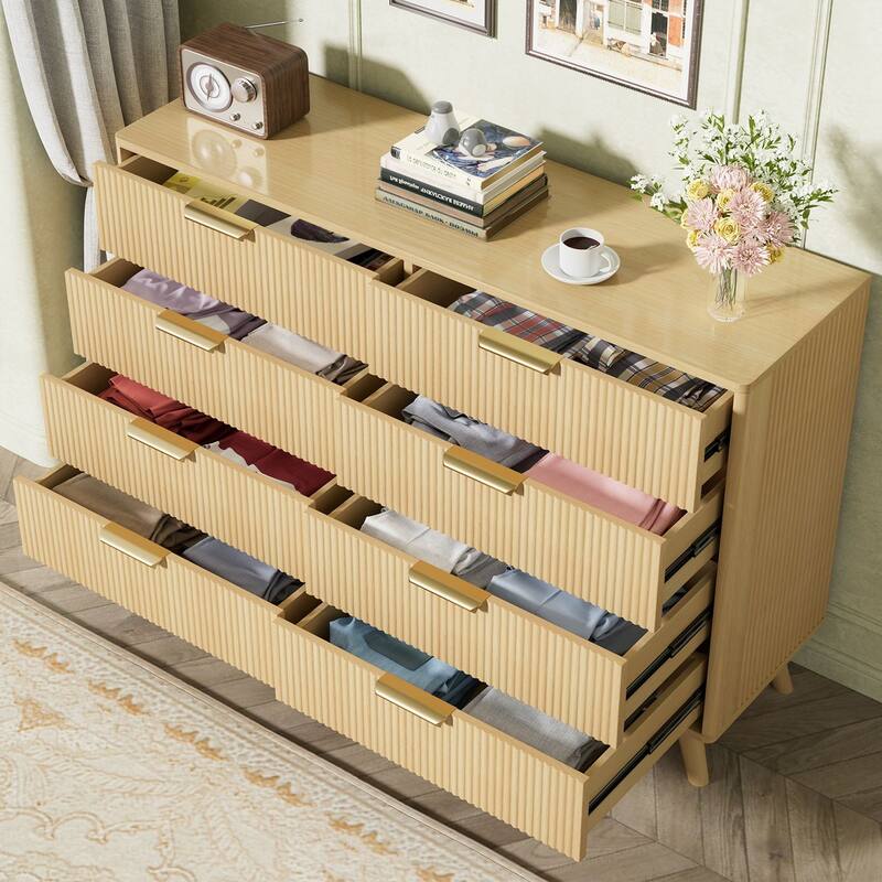 Gymojoy 8 Drawer Fluted Dresser for Bedroom, Modern Wave Pattern Wood Chest with Gold Handles, Boho Storage Dresser