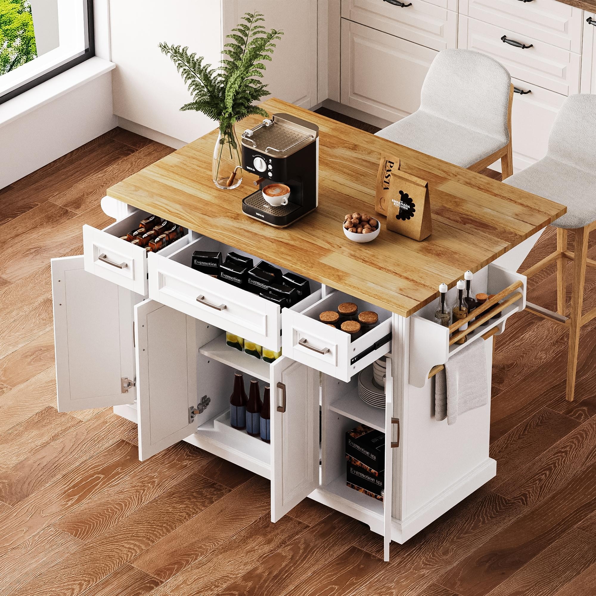 55 Inches Brown All-Wood Kitchen Island with Storage for Dining Room