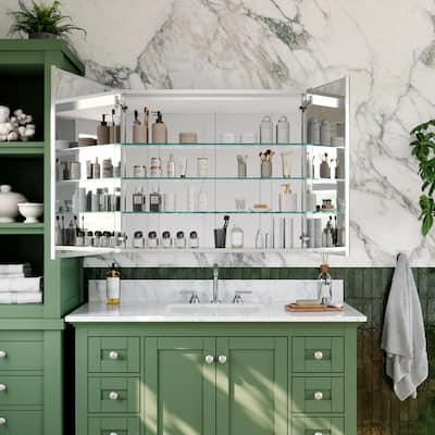 Chrome Aluminum Bathroom Medicine Cabinet with Mirror, Dual Swing Door, with Soft-Close and Adjustable Shelves
