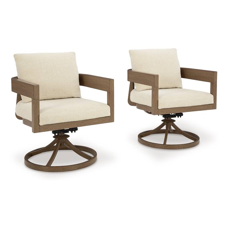 Baily Outdoor Swivel Chair Set of 2, Brown Metal, Cream White Fabric