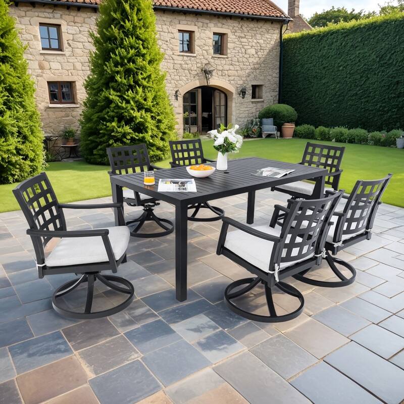 7-Piece Outdoor Aluminum Rectangular Dining Set with 6 Swivel Rocker Chairs, Sunbrella Fabric - Ember Black
