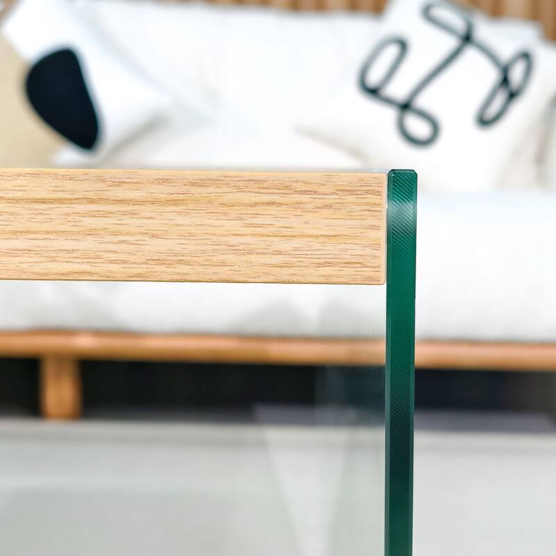 Modern Tempered Glass Coffee Table Floating Wood Tabletop - 48" L x 24" W x 18" H