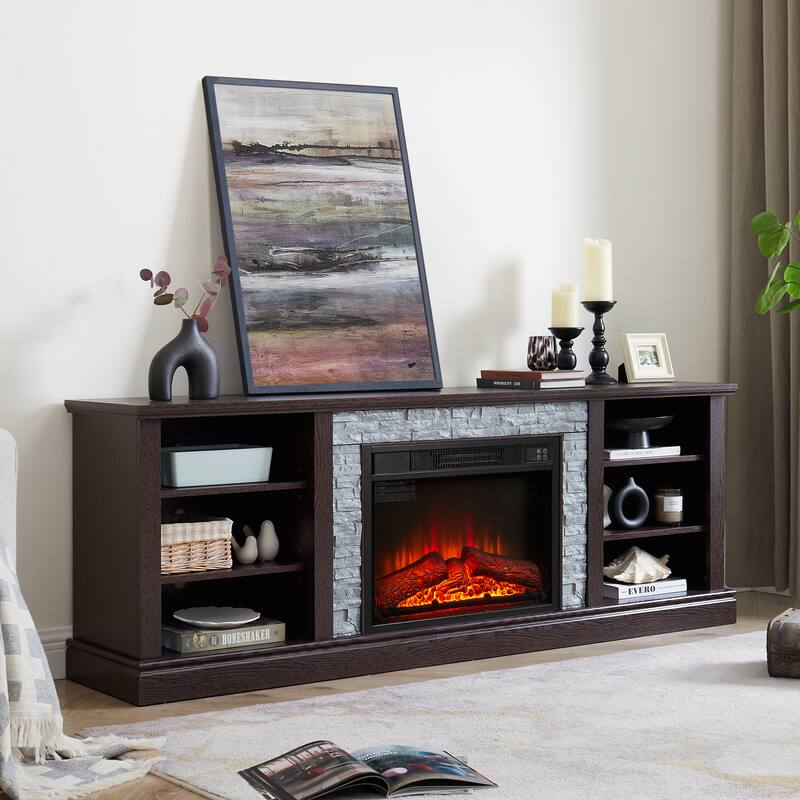 GDFStudio Alaric Wood 70" TV Stand with 23" Fireplace Insert and Storage - Cherry