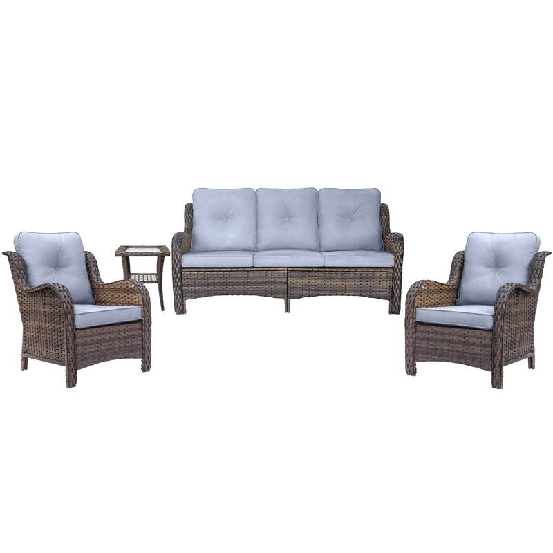 Brown Wicker Outdoor Patio Furniture Sofa Set with Denim Blue Cushions