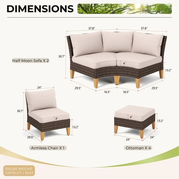 dimension image slide 10 of 13, 11-Piece Outdoor Wicker Half-Round Furniture Set, Half-Moon Sectional Sofa Set All Weather Rattan Curved Conversation Sets