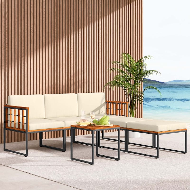 Costway 6 PCS Acacia Wood Patio Furniture Set Outdoor Sectional - See Details - Natural+Black+Beige - See Details