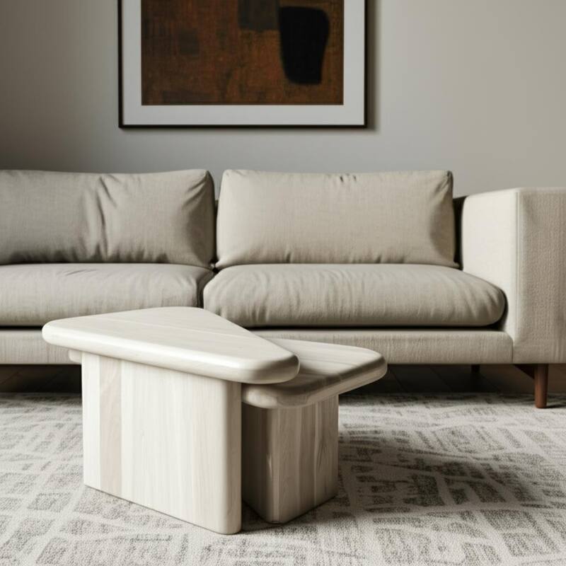 HomeRoots Set of Two Natural Solid Wood Triangle Pedestal Nested Coffee Tables - 39.00 in. x 18.50 in. x 25.00 in. - Natural