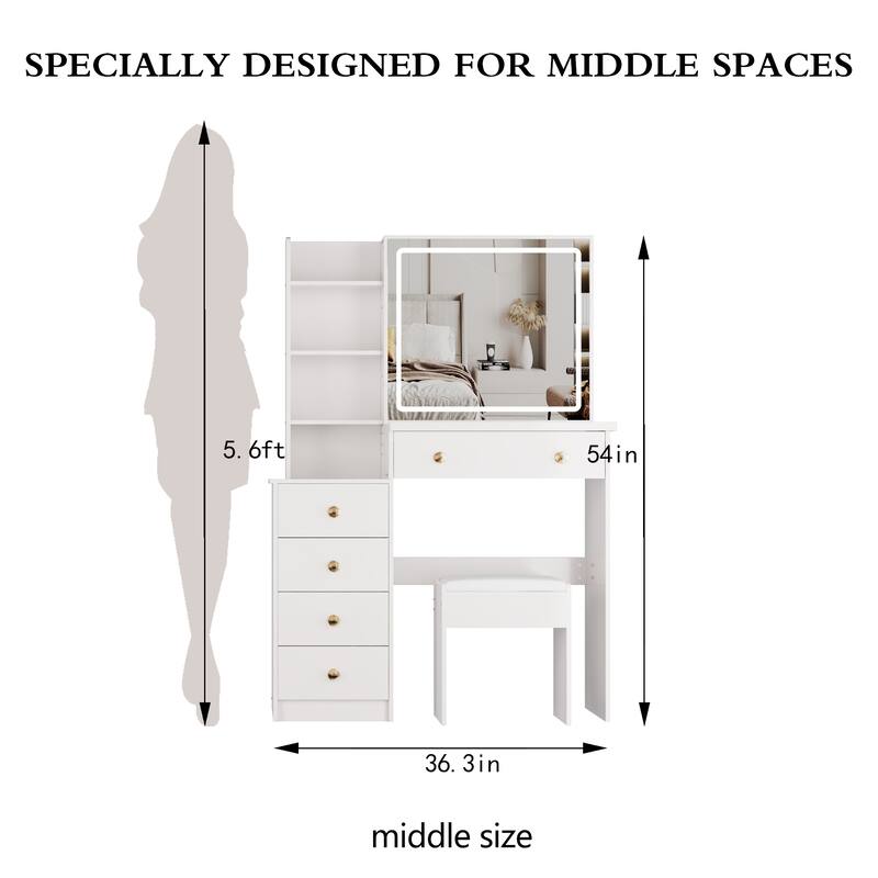 37" Mid-Size Left Bedside Vanity Set with LED Mirror and Stool
