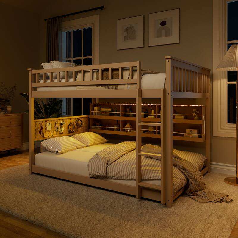 Wooden Full Over Full Bunk Bed Frame for Kids with Integrated Shelving, Light Strip, Pegboard, Full-Length Guardrails and Ladder