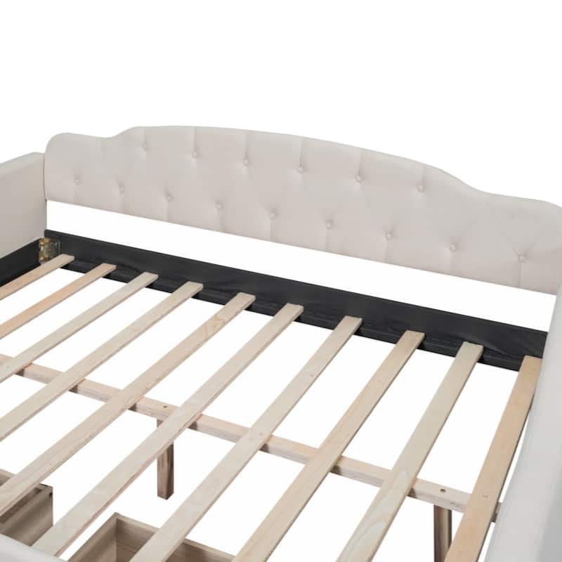 Full Size Upholstered Tufted Daybed with Two Drawers, Beige