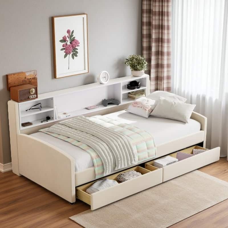 Twin Velvet Upholstered Bed Frame with Storage Drawers and Built-In Shelf, Platform Design with Plush Headboard - Beige