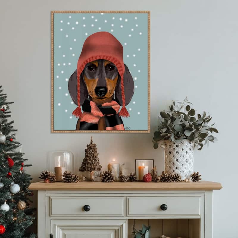 Dachshund With Woolly Hat and Scarf by Fab Funky (23 x 28 in.), Framed Canvas Wall Art Print - Sylvie Beaded Rustic Natural