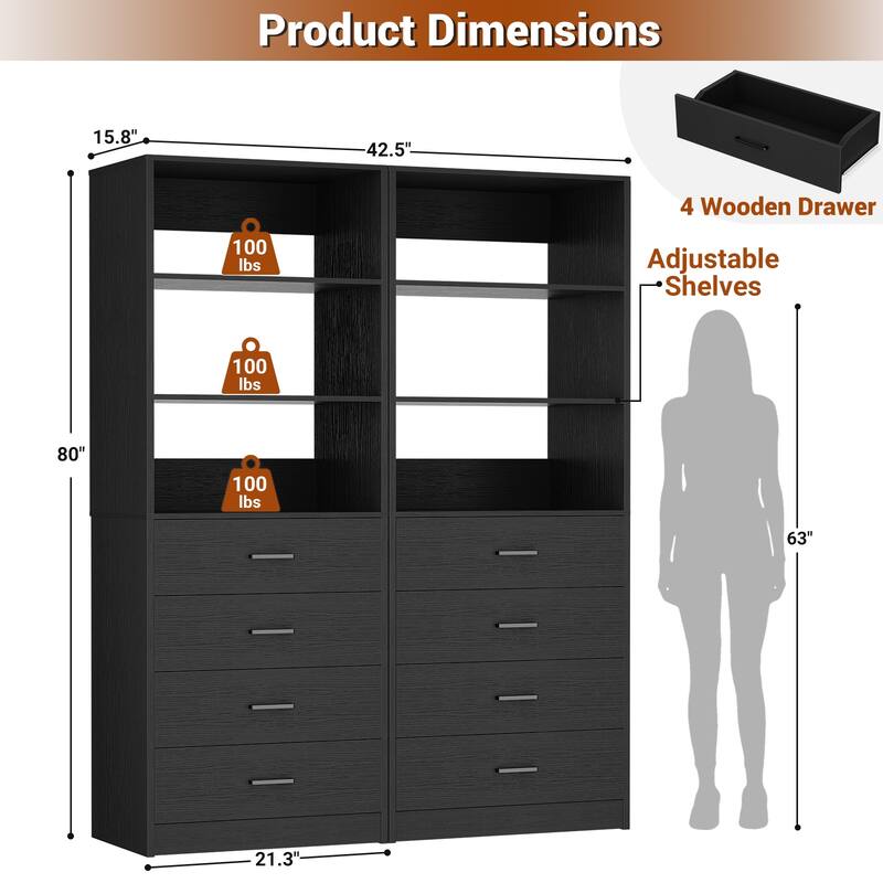 Freestanding Closet Organizer with 4 Drawers and 4 Shelves, Wooden Closet System for Walk-in Closet