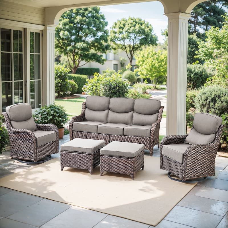 Pocassy Patio Furniture Set with Swivel Chairs, All Weather Patio Wicker - Brwon Wicker Grey Cushion - 5PCS Sofa w/ Swivel Chair Ottoman