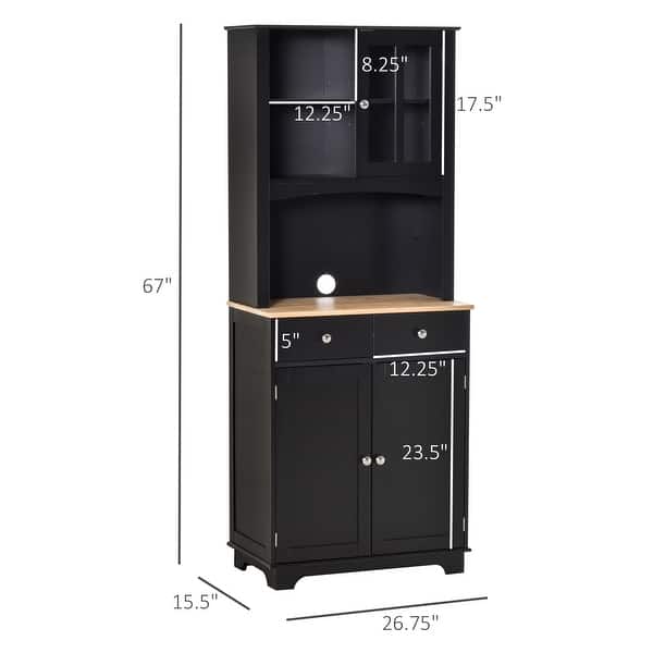 dimension image slide 0 of 2, HOMCOM 67" Kitchen Buffet with Hutch, Pantry with Framed Doors, 2 Drawers, and Open Microwave Countertop - 26.75"x 15.5" x 67"