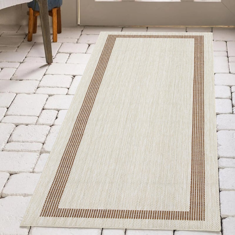 Indoor/Outdoor Area Rug/ Runner/ Doormat- Natural & Black & Red & Taupe Color -Machine Washable, Weather and UV Resistant-Azelia