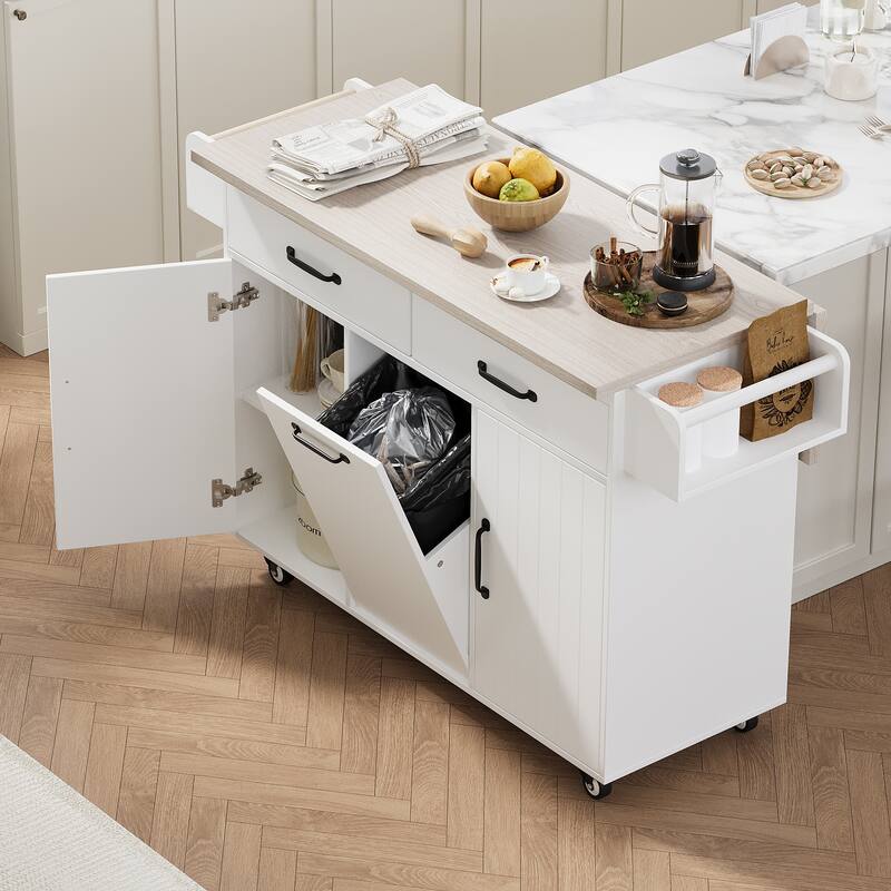 Kitchen Island with Trash Can Storage Cabinet,with Drop Leaf, Spice Rack, Towel Rack and Drawer, Rolling Kitchen Island on Wheel - Grey