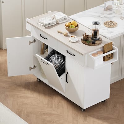 Kitchen Island with Trash Can Storage Cabinet,with Drop Leaf, Spice Rack, Towel Rack and Drawer, Rolling Kitchen Island on Wheel