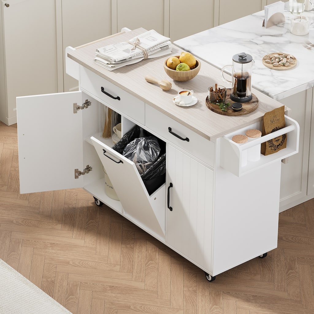 Multi-Functional Kitchen Cart with Tilt-Out Trash Cabinet, Drop Leaf Tabletop, Towel Rack & Storage Drawers