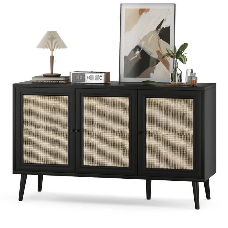 Anmytek Black 3-Door Rattan Buffet Sideboard Wooden Storage Cabinet for Living Dining Room - Black