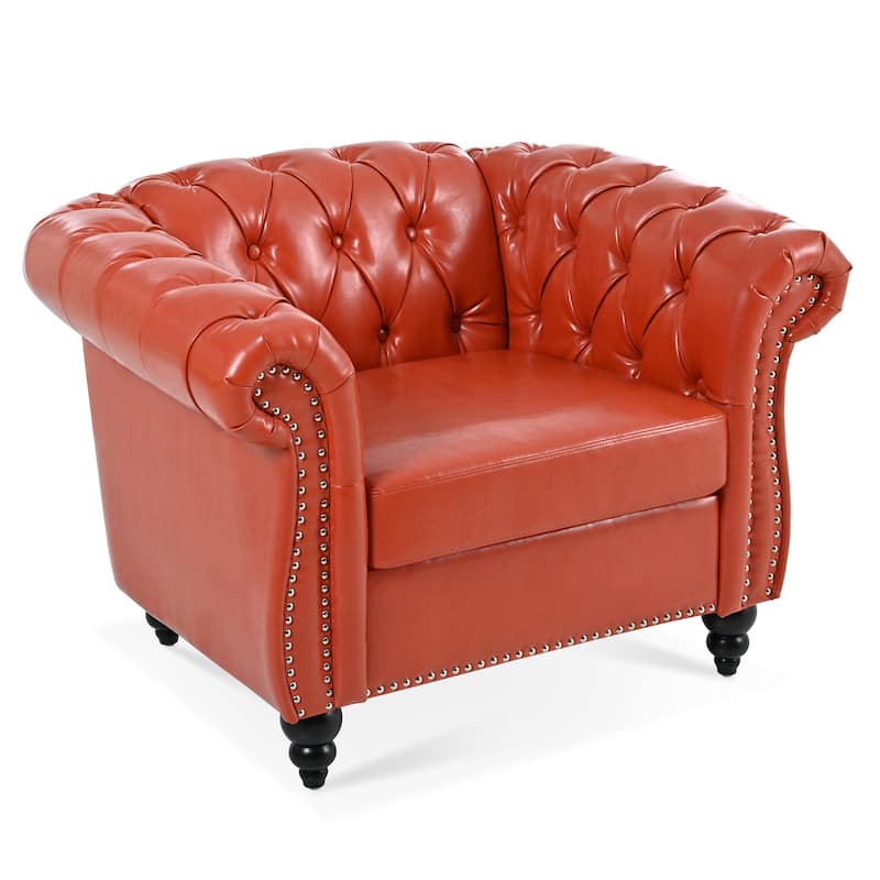 Orange Leather Single Sofa Chair Barrel Chair with Nailhead Trim, Stylish Corner Chair Side Chair with Rolled Armrests