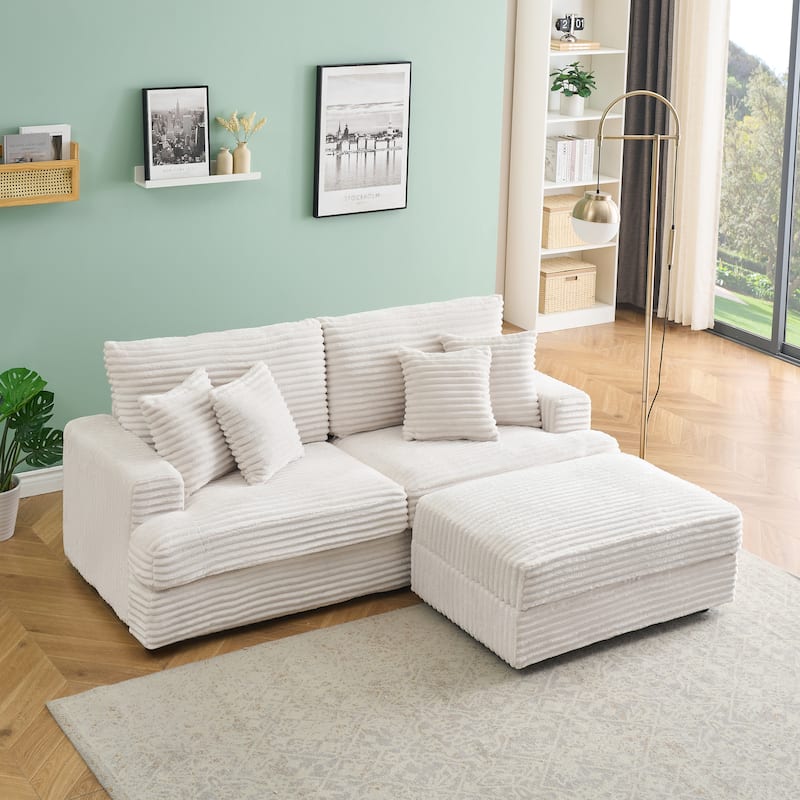 L-shaped Sectional Sofa with Chaise Lounge Corduroy Lazy Loveseat Couch with Storage Ottoman and Pillows for Living Room - White