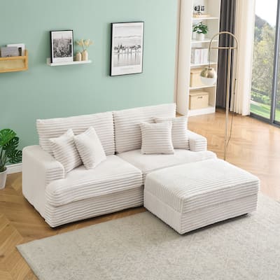L-shaped Sectional Sofa with Chaise Lounge Corduroy Lazy Loveseat Couch with Storage Ottoman and Pillows for Living Room