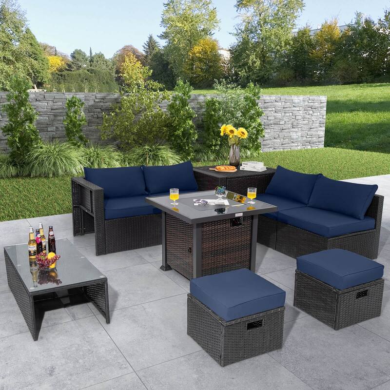 Costway 9 PCS Patio Furniture Set with 32" Fire Pit Table 50,000 BTU - See Details - Navy