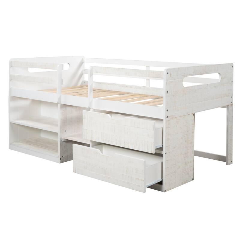 Twin Solid Pine Loft Bed with Shelves, Drawers, and Guardrail