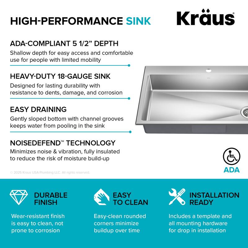 KRAUS Fairlane Drop In Top Mount 18 Gauge Stainless Steel Kitchen Sink