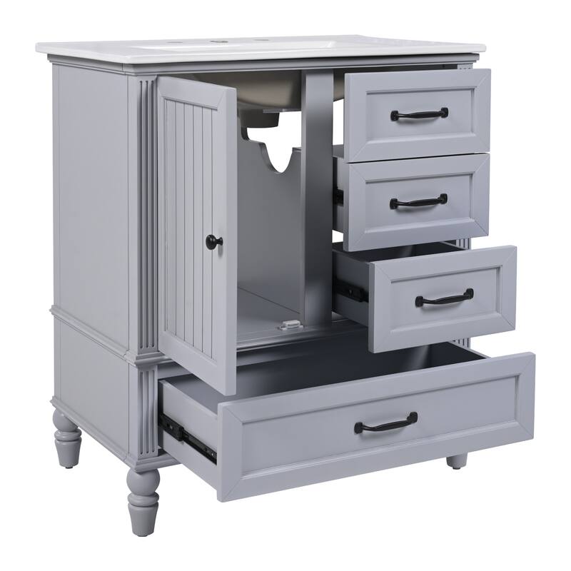 Modern Bathroom Vanity with Semilune Ceramic Sink, Storage Cabinet, and Adjustable Foot Pads - 30in L