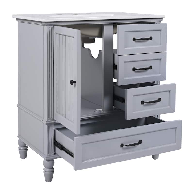 Roomfitters Bathroom Vanity with Sink, Single Door Cabinet and Three Drawers, Solid Wood Legs