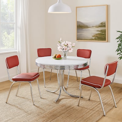 Loy 5pc Dining Table and Chair Set, Red Faux Leather, Retro White Round Top