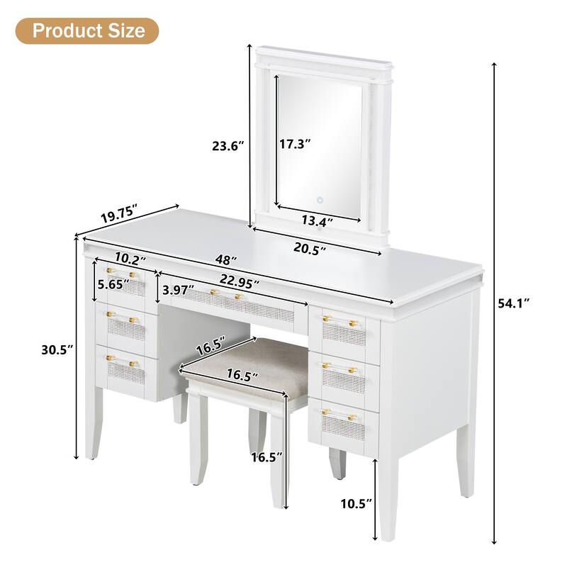 LED Dressing Table & Upholstered Stool Set of 2, 48" Makeup Vanity Desk with Mirror and Lights