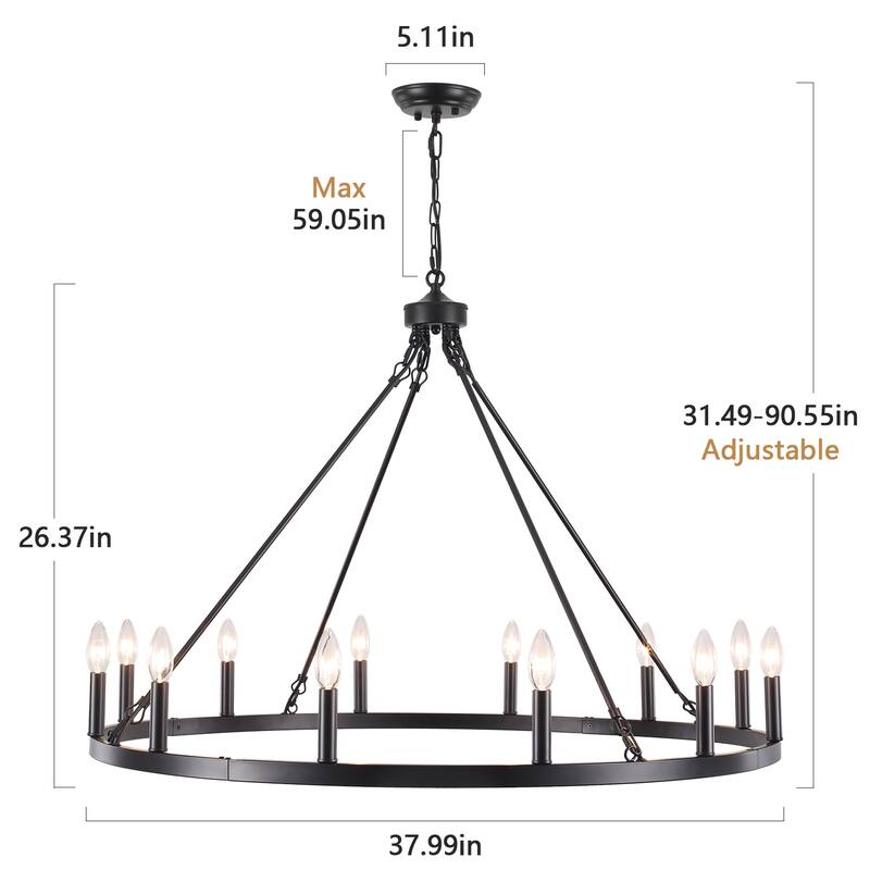 12-Light 37.99 in. Rustic Wagon Wheel Chandelier for Bedroom Kitchen