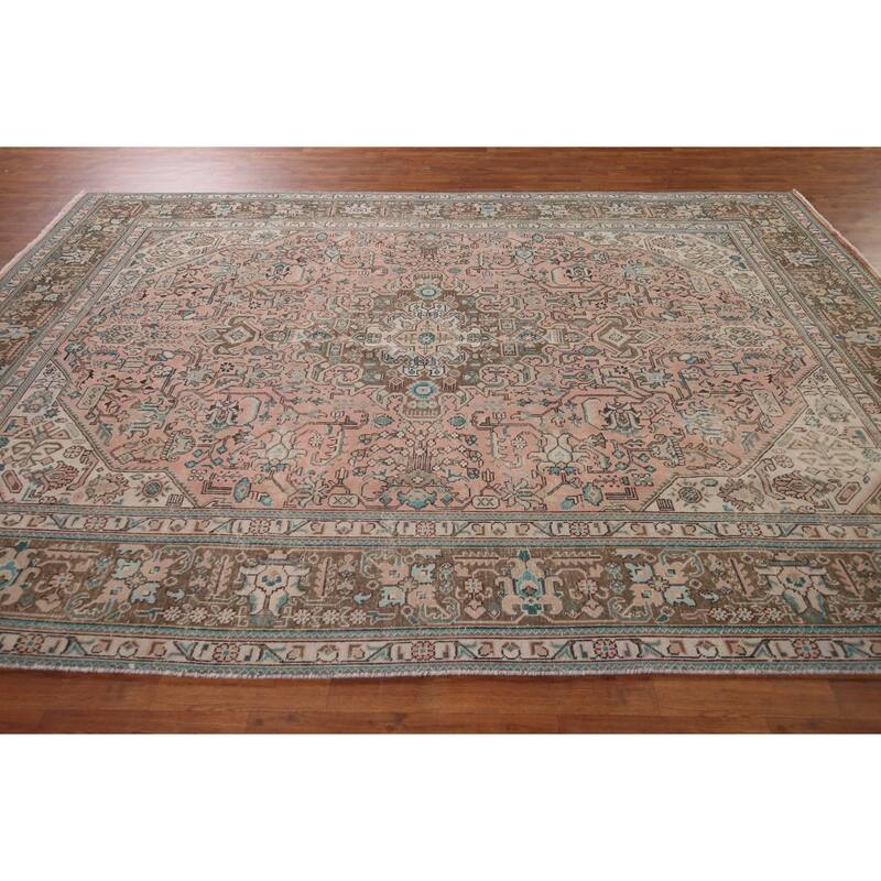 Distressed Tabriz Persian Vintage Rug Hand-Knotted Pink Wool Carpet - 8'2" x 11'1"
