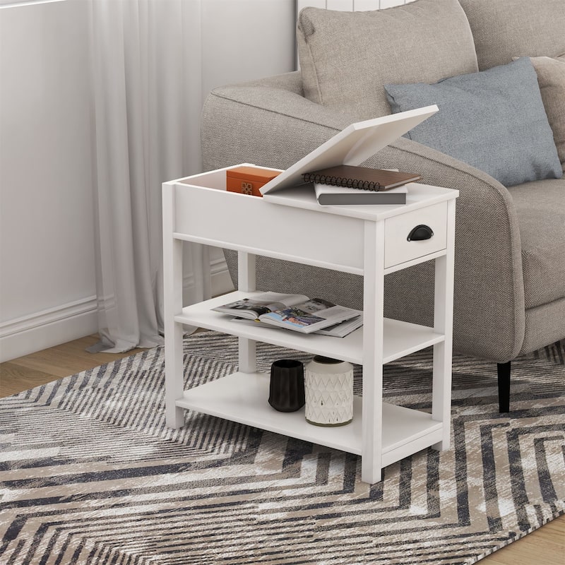 Narrow Flip Top Side Table with Drawer End Table with 2-Tiers Open Storage Shelves Sofa Table for Living Room,Bedroom - White