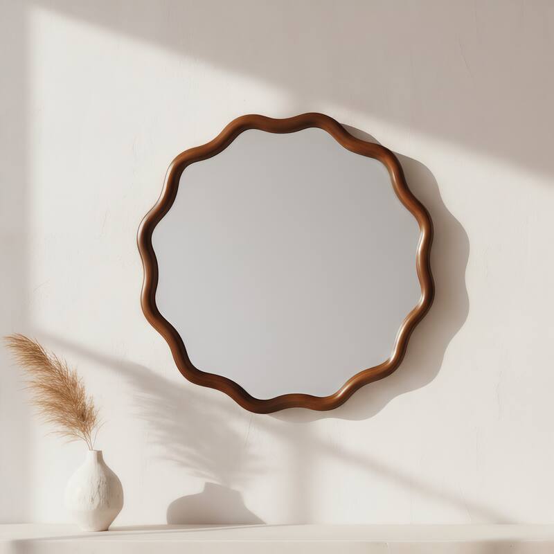24 inch Wavy Round Solid Wood Frame Decorative Mirror,For Bedroom, Bathroom, Living Room, Entryway