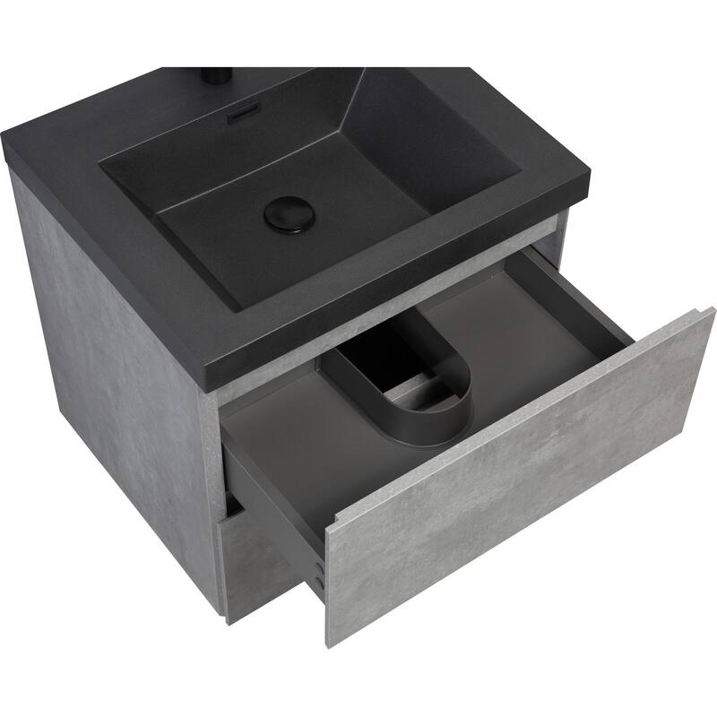 24/30/36/48/60 inch Melamine Floating Bathroom Vanity with Sink and Black Quartz Sand Top Basin and Soft Close Drawers