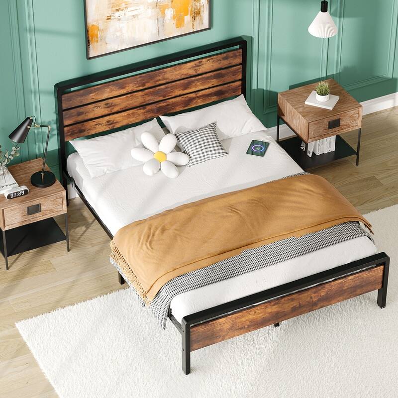 Bed Frame with LED Light and Charging Station, Metal Platform Bed with Wood Headboard