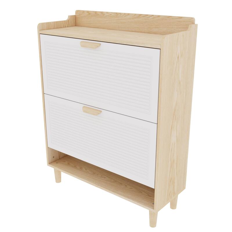 31.5 Inch Nordic Style Shoe Storage Cabinet with 2 Flip Drawers, Freestanding Organizer with Solid Wood Legs for Entrywa - White