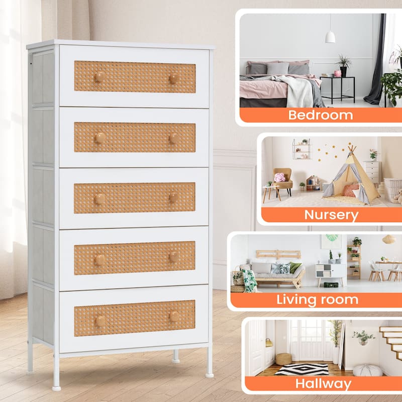 5-Drawer Closet Dresser Chest PE Rattan Storage Tower Organizer Cabinet