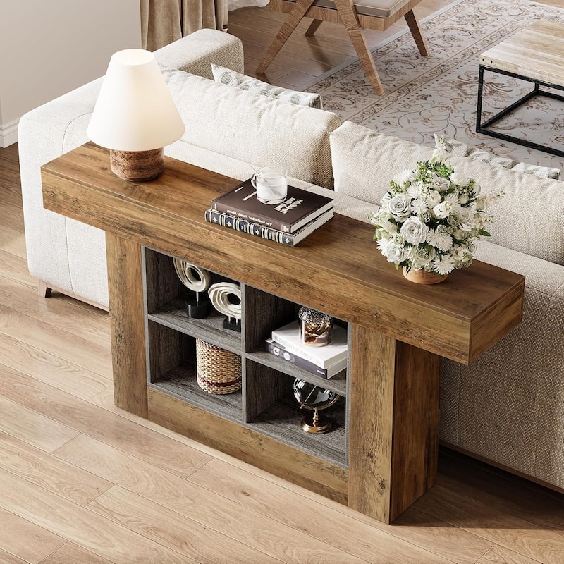 63" Long Console Table, Rustic Entryway Table with 4 Storage Cubes