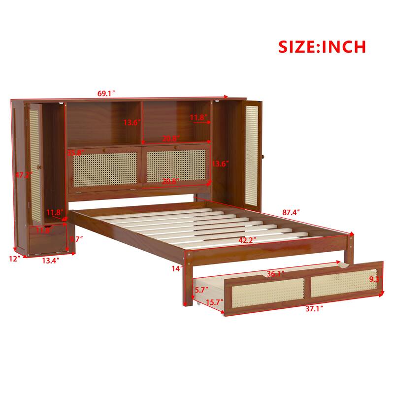 Rattan Panel Bed Frame Wooden Platform Bed with 2 Storage Lockers, Storage Shelf on Headboard, Footboard with Storage Drawer