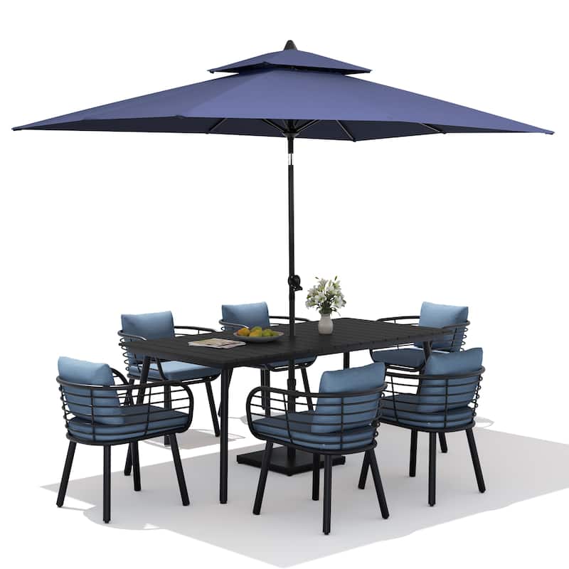 9PC Outdoor Patio Dining Set Aluminum Table with Sunbrella Cushion Chairs w/ Market Umbrella Sets