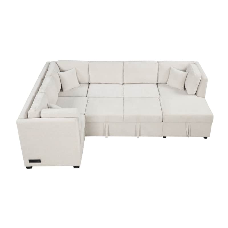 Roomfitters 108.6" U-Shaped Sectional Sofa Pull-Out Sofa Bed with USB Ports, Power Sockets, Back Pillows, Beige