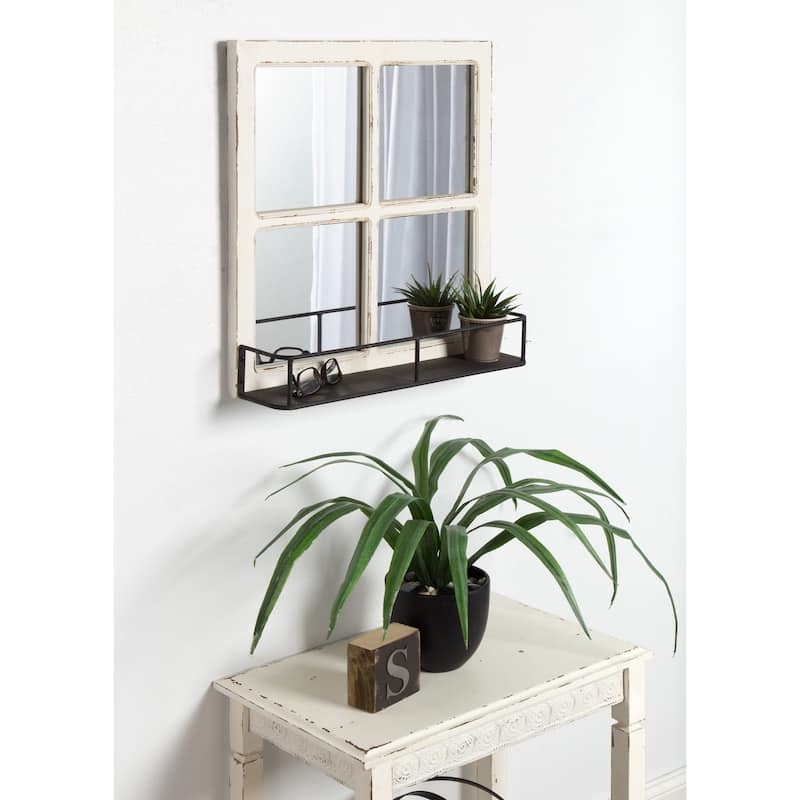 Kate and Laurel Jackson Distressed Wood Windowpane Mirror w/MetalShelf