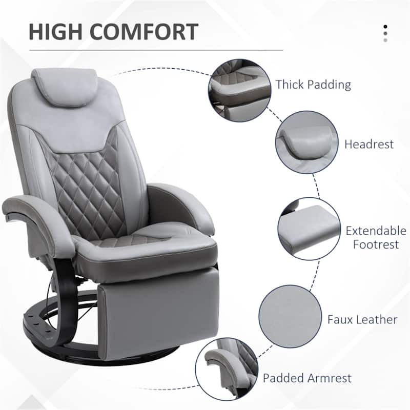 Grey PU Leather Recliner Chair with 360 Swivel Manual Recline Footrest Cup Holders and Side Pockets for Living Room